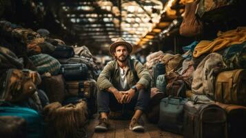 portrait de une Beau voyageur Jeune homme dans chapeau séance près une pile de bagage Sacs. Voyage ambiance. photo