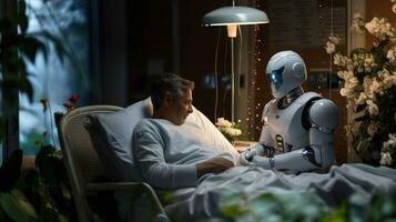 mature homme dans hôpital lit parlant avec robot. concept de artificiel intelligence. photo