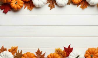 blanc en bois planche avec décoratif l'automne feuilles et citrouilles ai généré photo