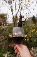 femme tenant un verre de vin rouge à l'extérieur photo