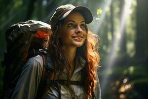 portrait de promeneur femme sur le la nature Contexte photo