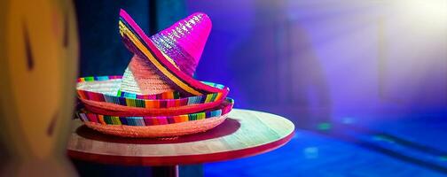 carnaval dans Brésil. mexicain sombrero chapeau dans décor de salle pour vacances. mexicain style faire la fête. doux se concentrer. copie espace photo