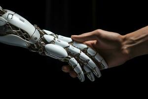 une robot main détient une Humain main. artificiel intelligence est une Humain partenaire. ai généré photo