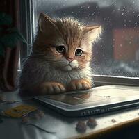 une petit triste chaton près une cassé tablette est assis par le fenêtre dans l'hiver. c'est neige dehors. . génératif ai génératif ai photo
