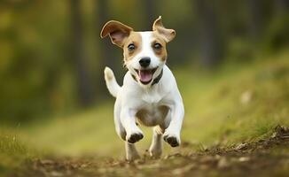 jack russel pasteur chien courir vers le caméra faible angle haute la vitesse tir. ai généré photo