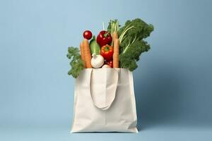 épicerie plein sac. blanc achats sac avec des légumes dans lumière bleu Contexte. génératif ai photo