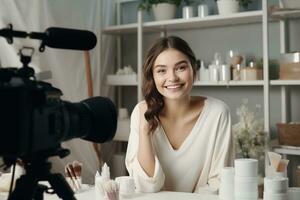 femelle beauté blogueur. femelle vlogger est montrant produits de beauté des produits tandis que enregistrement vidéo génératif ai photo