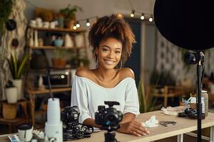 noir femelle beauté blogueur. femelle vlogger est montrant produits de beauté des produits tandis que enregistrement vidéo génératif ai photo