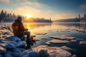 pêcheur sur le banque de une hiver rivière génératif ai photo