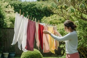 femme pendaison vêtements avec pinces à linge Extérieur maison. produire ai photo