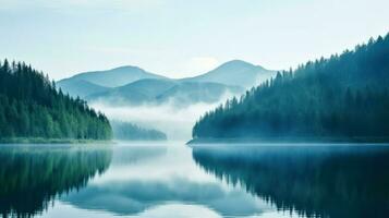 brumeux paysage mettant en valeur serein Lac au milieu de verdoyant des arbres et imposant pics.. génératif ai photo