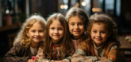 le photographier de différent groupes de les enfants dépeint leur harmonie, joie, des moments de jouer et Découverte.. génératif ai photo