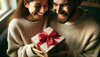 plus de le épaule coup de une couple échanger enveloppé cadeaux, avec expressions de surprise et plaisir.. génératif ai photo