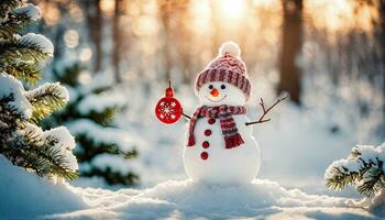 hiver vacances Noël Contexte bannière - fermer de mignonne marrant en riant bonhomme de neige avec la laine chapeau et foulard, sur neigeux neige paysage de neige avec bokeh lumières, génératif ai photo