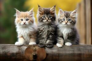Trois Maine nègre chatons séance sur une en bois clôture. sélectif se concentrer, Trois chatons de sibérien race séance sur une en bois clôture, ai généré photo