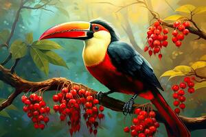 toucan sur une branche avec rouge baies. vecteur illustration, toucan oiseau sur une branche avec rouge baies dans le forêt, ai généré photo