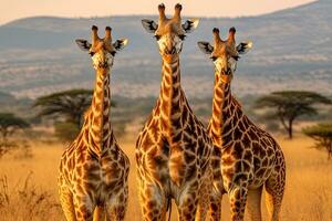 Trois girafes dans serengeti nationale parc, Tanzanie, Trois girafes dans serengeti nationale parc, Tanzanie, ai généré photo