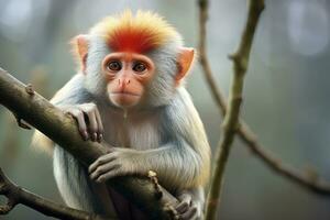 portrait de une macaque singe macaca fasciculaire, le rouge tordu douc est une espèce de vieux monde singe photo