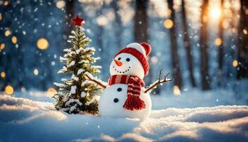 hiver vacances Noël Contexte bannière - fermer de mignonne marrant en riant bonhomme de neige avec la laine chapeau et foulard, sur neigeux neige paysage de neige avec bokeh lumières, génératif ai photo