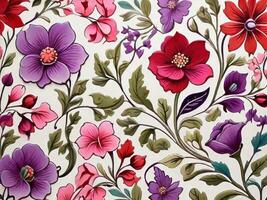 magnifique printemps floral sans couture motifs avec fleurs feuilles violet et rose sur blanc Contexte. main dessiner photo