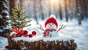 hiver vacances Noël Contexte bannière - fermer de mignonne marrant en riant bonhomme de neige avec la laine chapeau et foulard, sur neigeux neige paysage de neige avec bokeh lumières, génératif ai photo