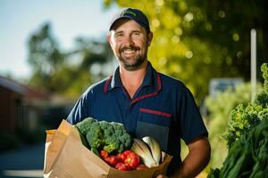 une Jeune homme porte une achats sac plein de des fruits et des légumes. nourriture livraison service. génératif ai photo