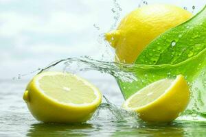 l'eau éclabousser sur citrons et vert thé feuille. ai génératif pro photo