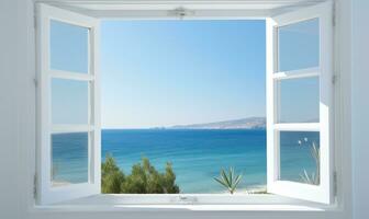 blanc fenêtre ouvert avec une vue de le mer ai généré photo