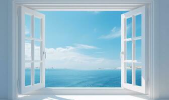 blanc fenêtre ouvert avec une vue de le mer ai généré photo