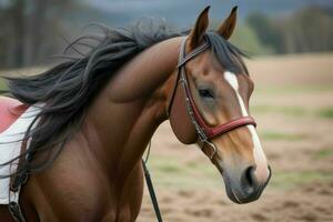 proche en haut cheval sur floue Contexte. ai génératif pro photo