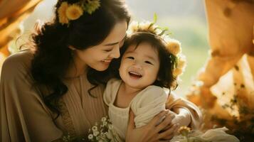 asiatique mère et sa peu fille portant une couronne plein de fleurs. génératif ai photo