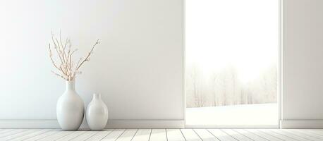 minimaliste blanc pièce avec des vases sur en bois sol décor sur grand mur et blanc paysage vu par fenêtre nordique style Accueil intérieur dans photo