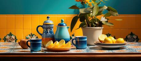 brésilien petit déjeuner table avec café sucre et assaisonnement orné avec décoratif carrelage photo