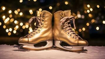 ai génératif une paire de ancien, rétro la glace patins par une congelé Lac dans le neige photo