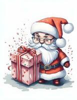 Père Noël claus avec cadeau boîte et Noël arbre sur blanc Contexte. photo