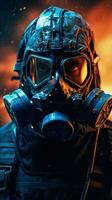 fantaisie cyberpunk personnage portant gaz masque avec bleu thème. génératif ai photo