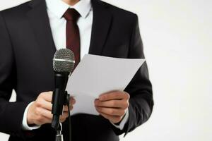 homme en portant microphone et presse-papiers sur blanche. produire ai photo