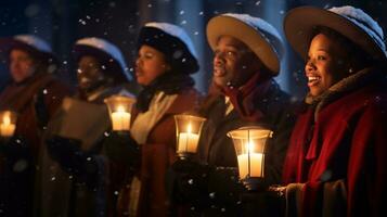 ai génératif personnes, les enfants et adultes de différent l'ethnie et culture, en chantant Noël chants de Noël par nuit avec bougie dans leur mains photo