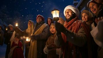 ai génératif personnes, les enfants et adultes de différent l'ethnie et culture, en chantant Noël chants de Noël par nuit avec bougie dans leur mains photo