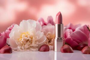 rose rouge à lèvres dans épanouissement fleurs, cosmétique et maquillage produit, photoréaliste image, commercial publicité. ai génératif illustration. photo
