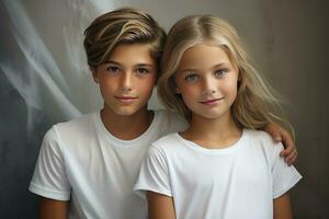 garçon avec fille dans blanc chemise permanent sur une gris Contexte ai génératif photo