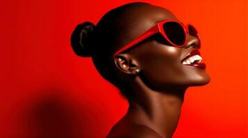 africain magnifique femelle modèle portant froussard élégant des lunettes de soleil, souriant sur rouge Contexte avec fond ai généré photo