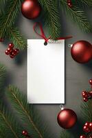 moderne cadeau étiquette pour Noël vacances maquette sur gris noir Contexte ai généré photo
