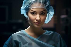 portrait de femmes médecin travail dans moderne hôpital portant masque et casquette ai génératif photo