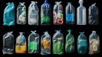 recyclage Plastique Sacs collection rempli avec recyclable bouteilles canettes et des ordures ai généré photo