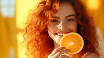 magnifique joyeux adolescent modèle fille prend juteux des oranges tranches avec marrant rouge coiffure et professionnel faire en haut ai généré photo