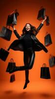 excité femme sauter haute avec achats Sacs dans noir Vendredi sur Orange Contexte ai généré photo