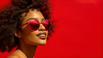 africain magnifique femelle modèle portant froussard élégant des lunettes de soleil, souriant sur rouge Contexte avec fond ai généré photo