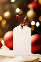 moderne cadeau étiquette pour Noël vacances maquette sur brouiller lumière Contexte ai généré photo