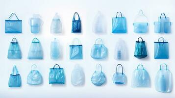 recyclage Plastique sac collection sur nettoyer blanc Contexte ai généré photo